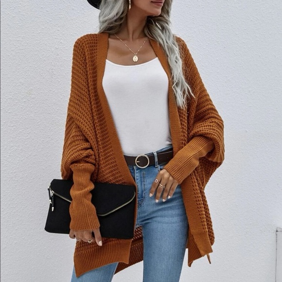 Cozy Rust Brown Dolman Sleeve Open Front Cardigan Sweater - Picture 3 of 15